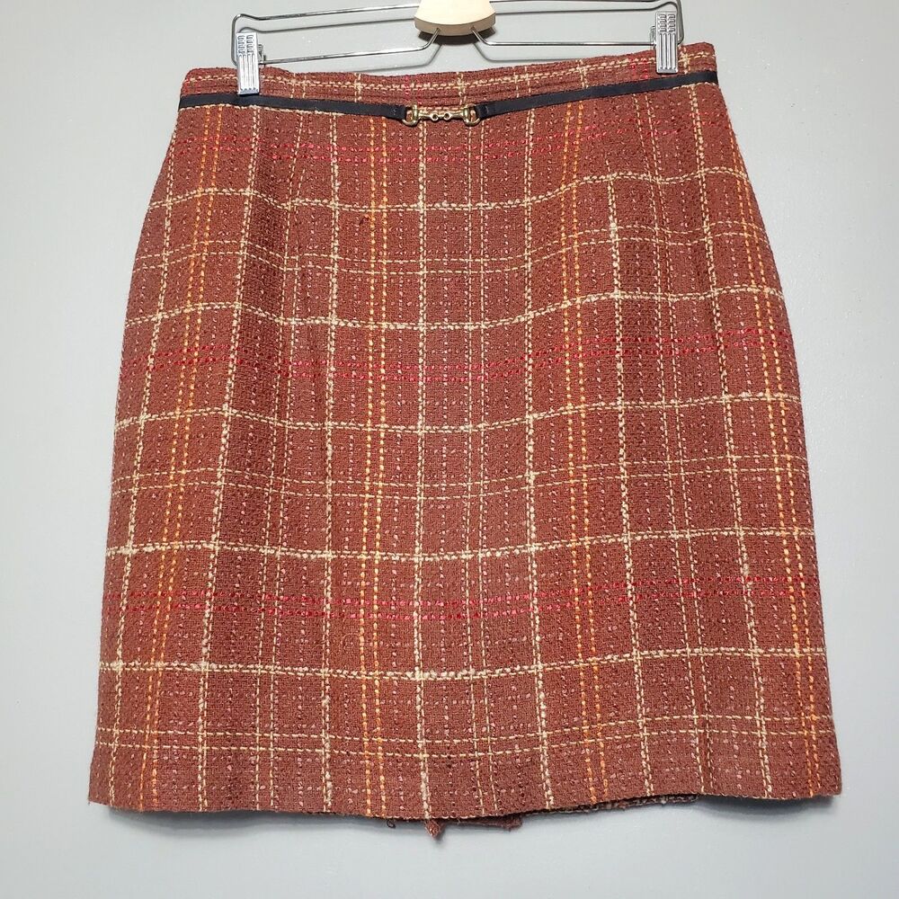 Worthington Tweed Pencil Skirt Size 14 Brown Boucle Plaid Knee Length Old Money